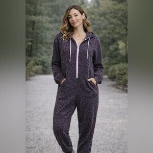 Fabletics Purple Leopard Print Hooded Onesie NWT